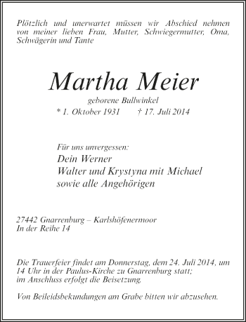 Todesanzeige von Martha Meier von Trauer.de