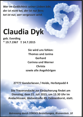 Todesanzeige von Claudia Dyk von Trauer.de