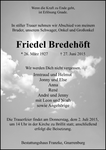 Todesanzeige von Friedel Bredehöft von Trauer.de