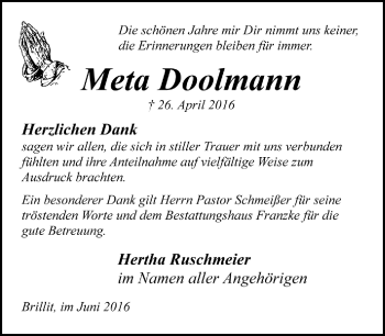 Todesanzeige von Meta Doolmann von Trauer.de