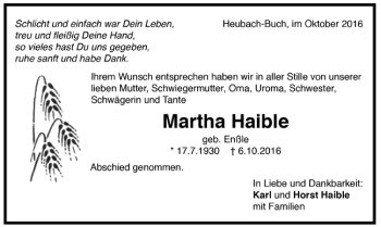 Todesanzeige von Martha Haible von Trauer.de