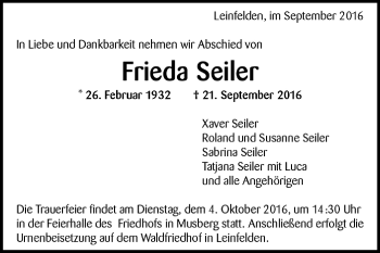 Todesanzeige von Frieda Seiler von Trauer.de