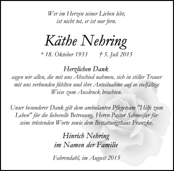 Todesanzeige von Käthe Nehring von Trauer.de