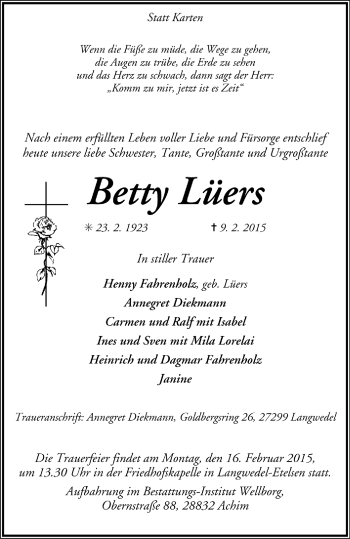 Todesanzeige von Betty Lüers von Trauer.de