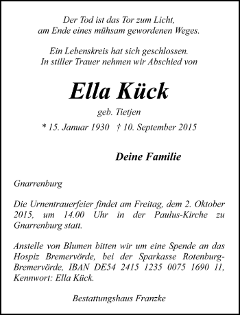 Todesanzeige von Ella Kück von Trauer.de
