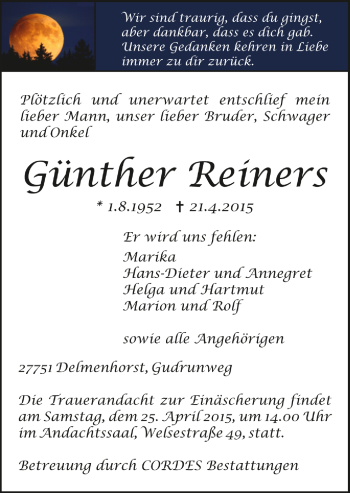 Todesanzeige von Günther Reiners von Trauer.de