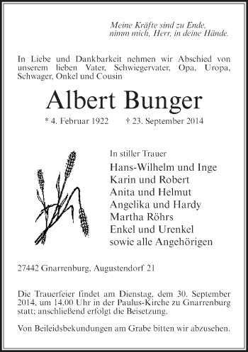 Todesanzeige von Albert Bunger von Trauer.de