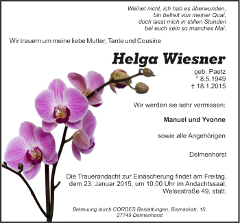 Todesanzeige von Helga Wiesner von Trauer.de