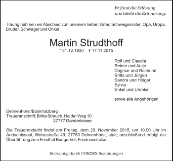 Todesanzeige von Martin Strudthoff von Trauer.de