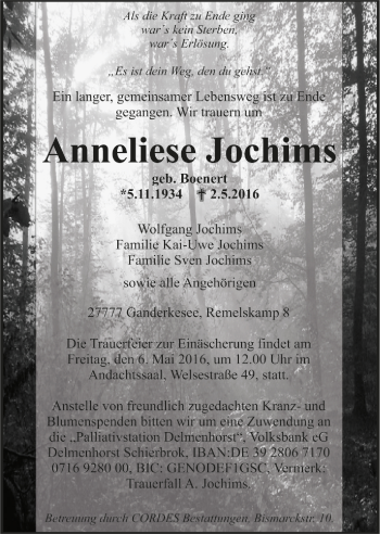 Todesanzeige von Anneliese Jochims von Trauer.de