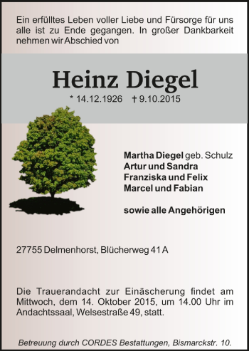 Todesanzeige von Heinz Diegel von Trauer.de