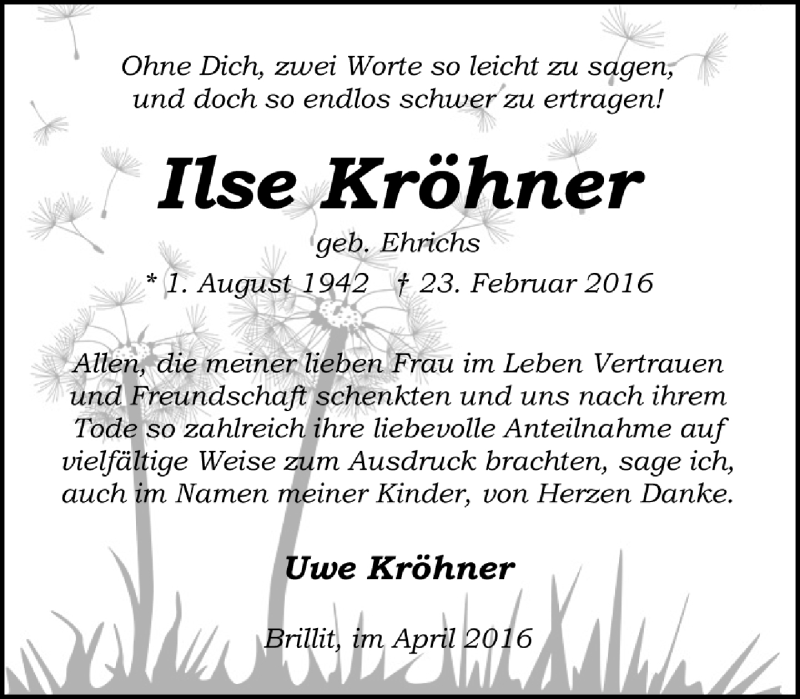  Traueranzeige für Ilse Kröhner vom 23.04.2016 aus Trauer.de