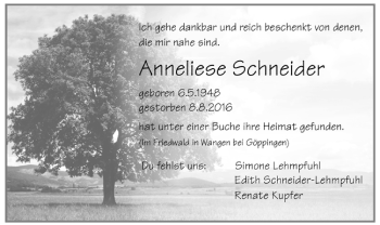 Todesanzeige von Anneliese Schneider von Trauer.de