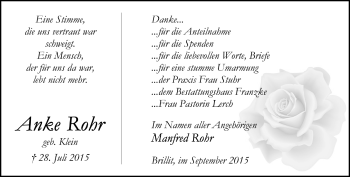 Todesanzeige von Anke Rohr von Trauer.de