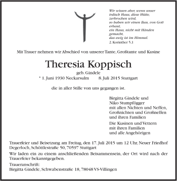 Todesanzeige von Theresia Koppisch von Trauer.de