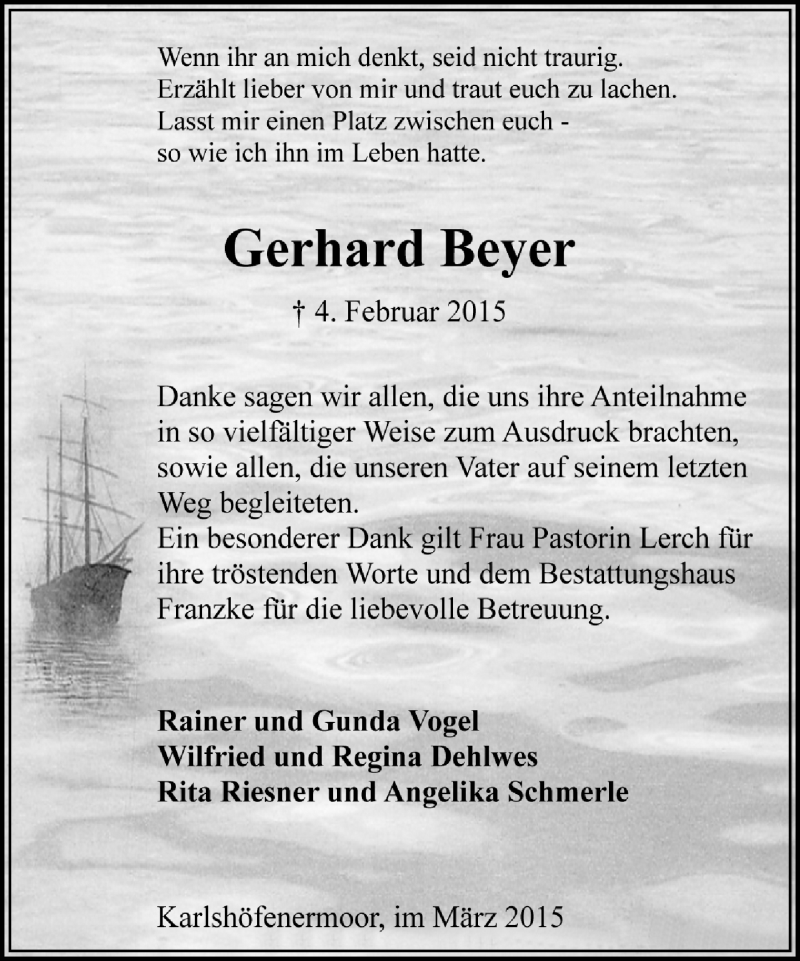  Traueranzeige für Gerhard Beyer vom 14.03.2015 aus Trauer.de
