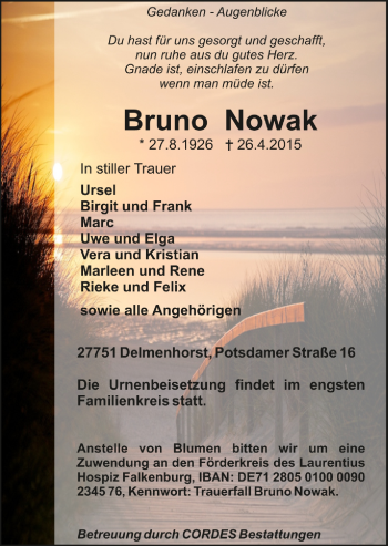 Todesanzeige von Bruno Nowak von Trauer.de