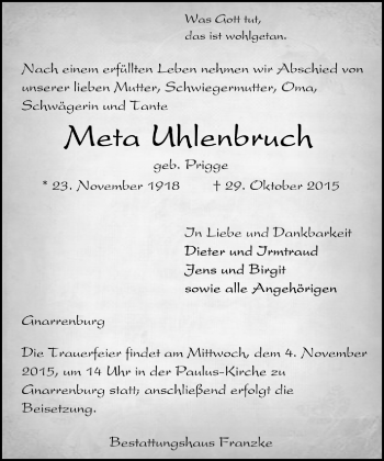 Todesanzeige von Meta Uhlenbruch von Trauer.de