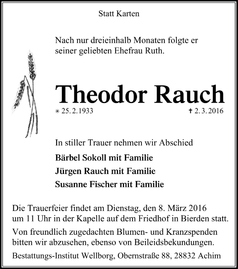  Traueranzeige für Theodor Rauch vom 05.03.2016 aus Trauer.de