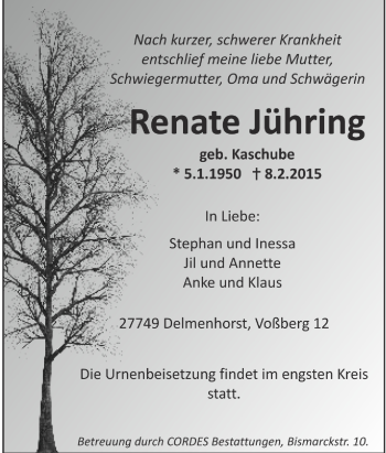 Todesanzeige von Renate Jühring von Trauer.de