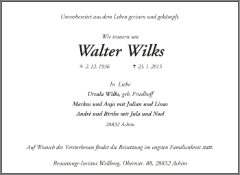 Todesanzeige von Walter Wilks von Trauer.de