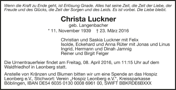 Todesanzeige von Christa Luckner von Trauer.de