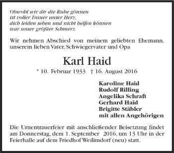Todesanzeige von Karl Haid von Trauer.de