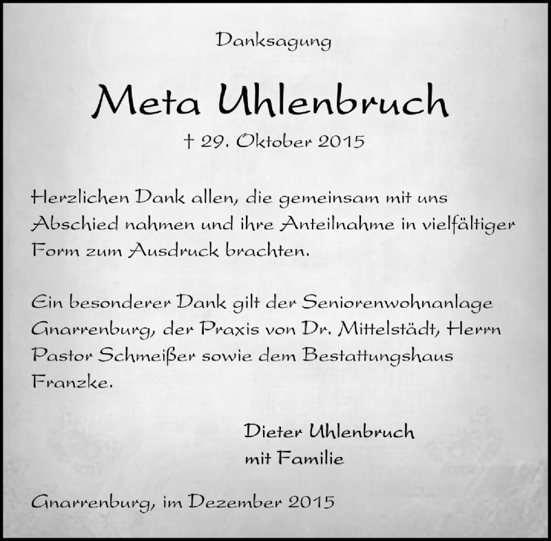  Traueranzeige für Meta Uhlenbruch vom 12.12.2015 aus Trauer.de