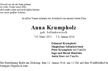 Todesanzeige von Anna Krumpholz von Trauer.de