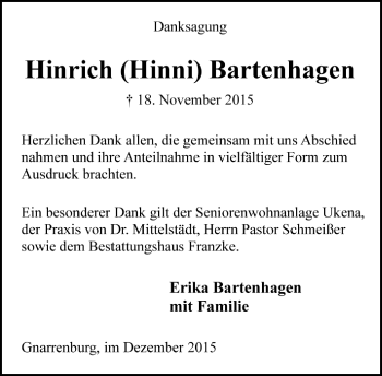 Todesanzeige von Hinrich  Bartenhagen von Trauer.de