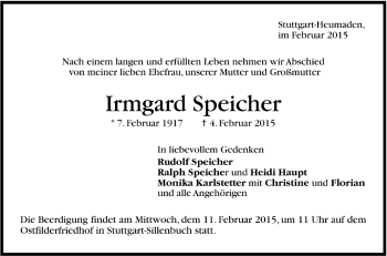 Todesanzeige von Irmgard Speicher von Trauer.de