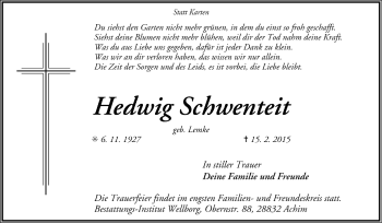 Todesanzeige von Hedwig Schwenteit von Trauer.de