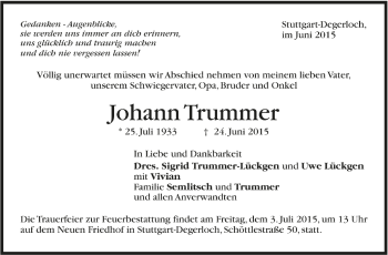 Todesanzeige von Johann Trummer von Trauer.de