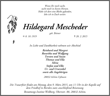 Todesanzeige von Hildegard Mescheder von Trauer.de