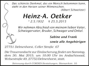 Todesanzeige von Heinz-A. Oetker von Trauer.de