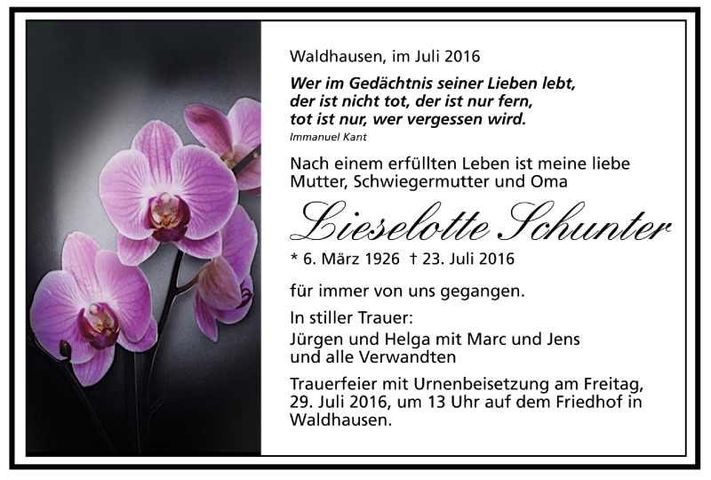  Traueranzeige für Lieselotte Schunter vom 26.07.2016 aus Trauer.de 