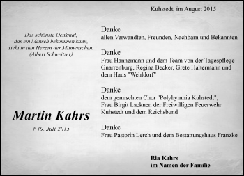Todesanzeige von Martin Kahrs von Trauer.de