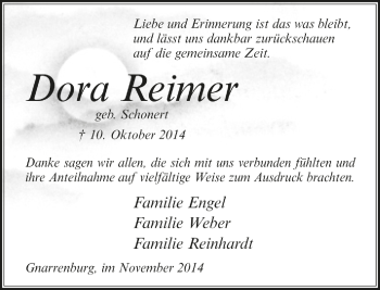 Todesanzeige von Dora Reimer von Trauer.de