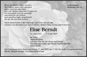 Todesanzeige von Elise Berndt von Trauer.de