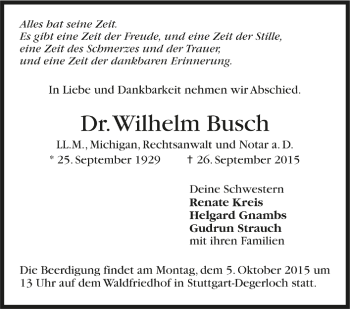 Todesanzeige von Dr. Wilhelm Busch von Trauer.de