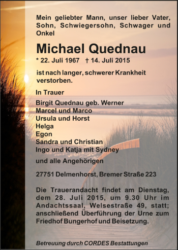 Todesanzeige von Michael Quednau von Trauer.de