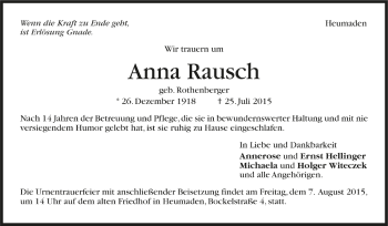Todesanzeige von Anna Rausch von Trauer.de