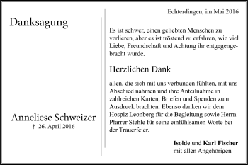 Todesanzeige von Anneliese Schweizer von Trauer.de