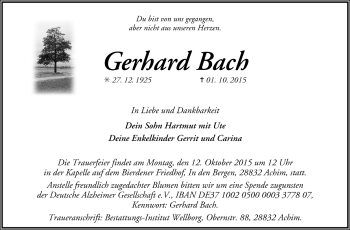 Todesanzeige von Gerhard Bach von Trauer.de