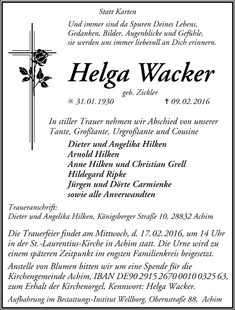  Traueranzeige für Helga Wacker vom 13.02.2016 aus Trauer.de