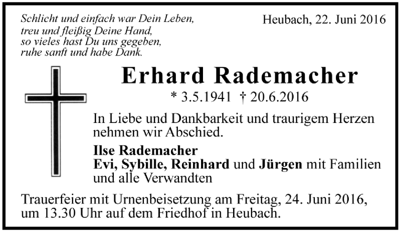  Traueranzeige für Erhard Rademacher vom 22.06.2016 aus Trauer.de