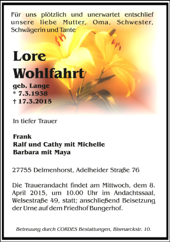 Todesanzeige von Lore Wohlfahrt von Trauer.de