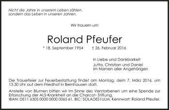 Todesanzeige von Roland Pfeufer von Trauer.de