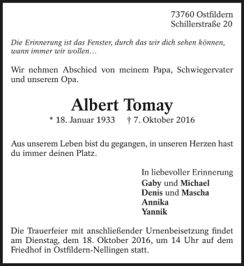 Todesanzeige von Albert Tomay von Trauer.de