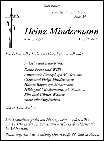 Todesanzeige von Heinz Mindermann von Trauer.de